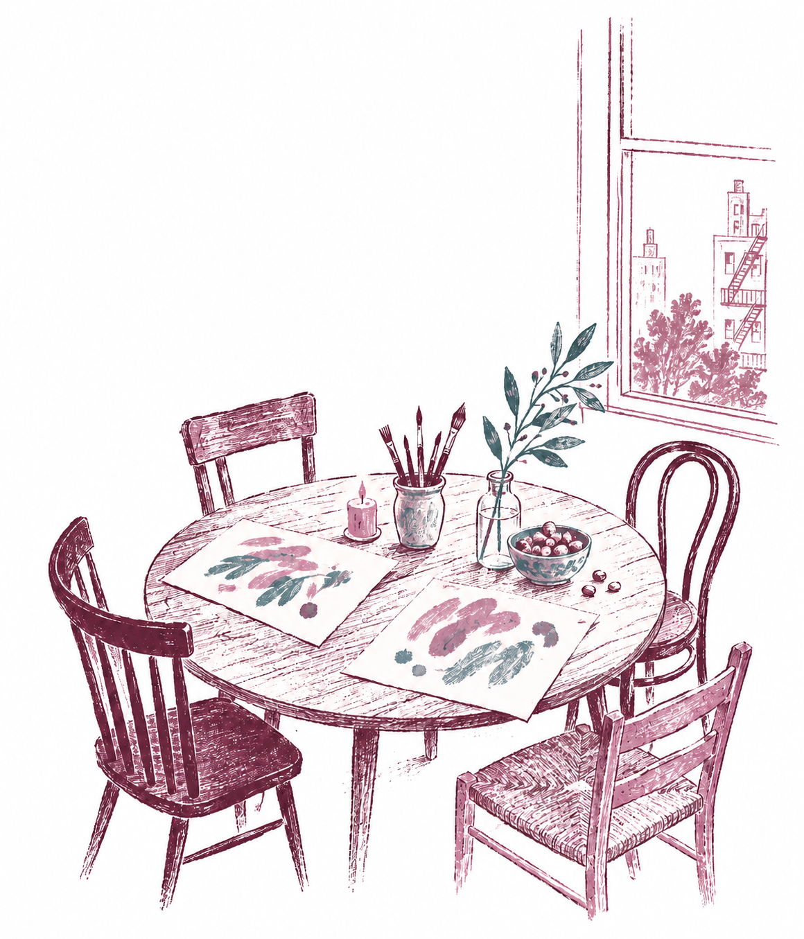 A mulberry ink illustration of an inviting art table, four mismatched chairs, brushes, a candle, and a New York window.